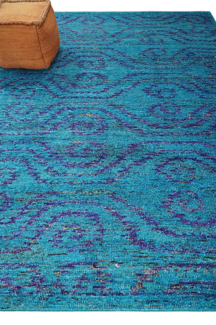 8x10 and 9x12 Hand Knotted Teal Blue and Violet Modern Contemporary Southwestern Tribal Trellis Recycled Silk Area Rug | OP10 - The Rug Decor