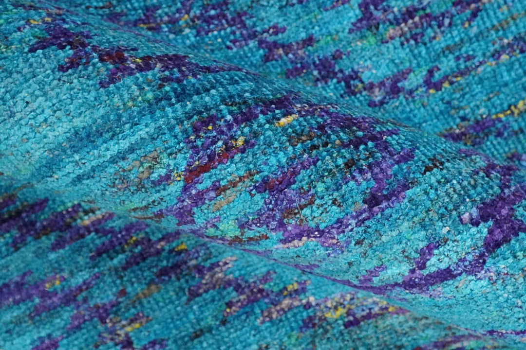 8x10 and 9x12 Hand Knotted Teal Blue and Violet Modern Contemporary Southwestern Tribal Trellis Recycled Silk Area Rug | OP10 - The Rug Decor