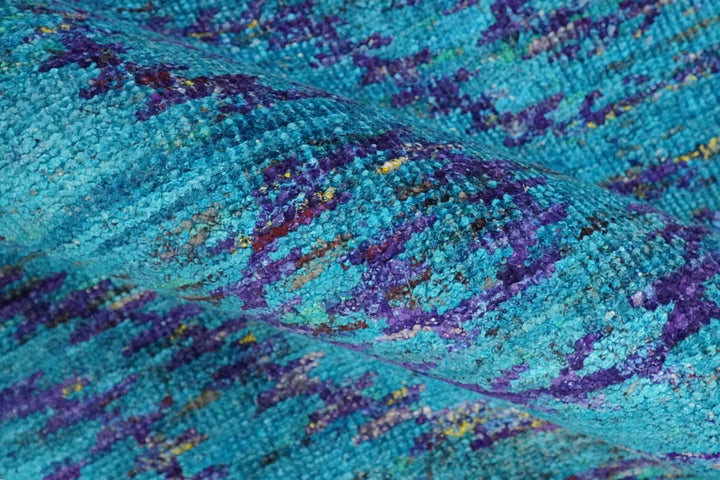 8x10 and 9x12 Hand Knotted Teal Blue and Violet Modern Contemporary Southwestern Tribal Trellis Recycled Silk Area Rug | OP10 - The Rug Decor