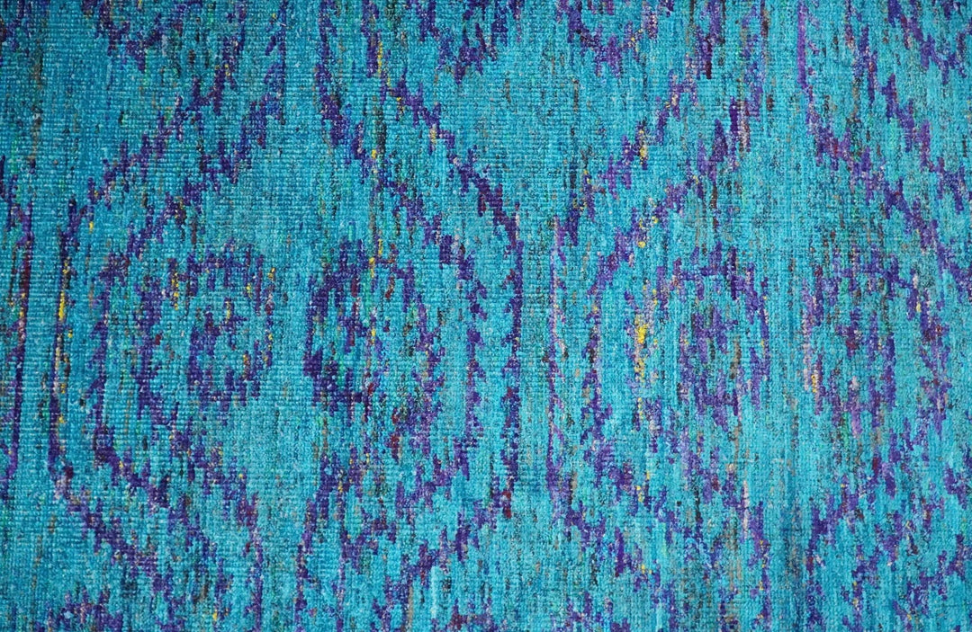 8x10 and 9x12 Hand Knotted Teal Blue and Violet Modern Contemporary Southwestern Tribal Trellis Recycled Silk Area Rug | OP10 - The Rug Decor