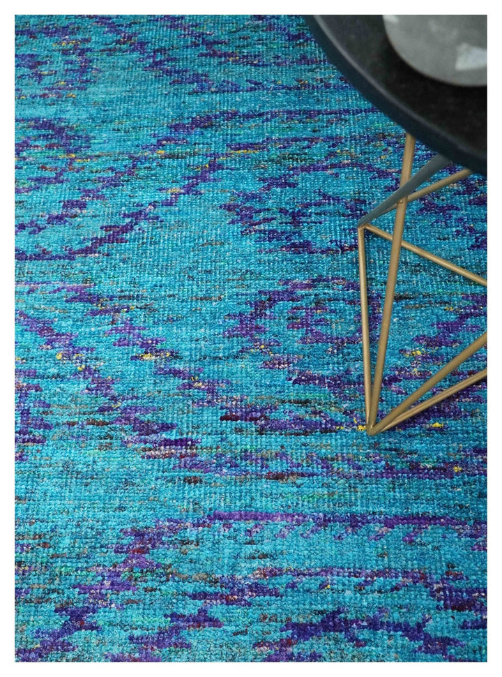 8x10 and 9x12 Hand Knotted Teal Blue and Violet Modern Contemporary Southwestern Tribal Trellis Recycled Silk Area Rug | OP10 - The Rug Decor