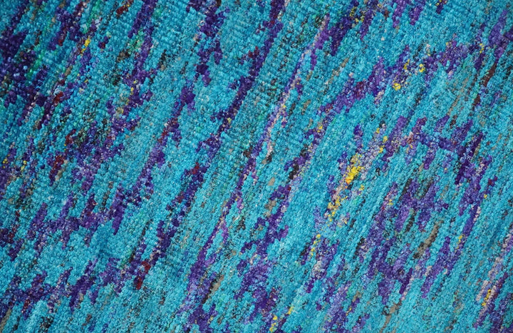 8x10 and 9x12 Hand Knotted Teal Blue and Violet Modern Contemporary Southwestern Tribal Trellis Recycled Silk Area Rug | OP10 - The Rug Decor