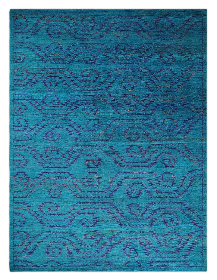 8x10 and 9x12 Hand Knotted Teal Blue and Violet Modern Contemporary Southwestern Tribal Trellis Recycled Silk Area Rug | OP10 - The Rug Decor