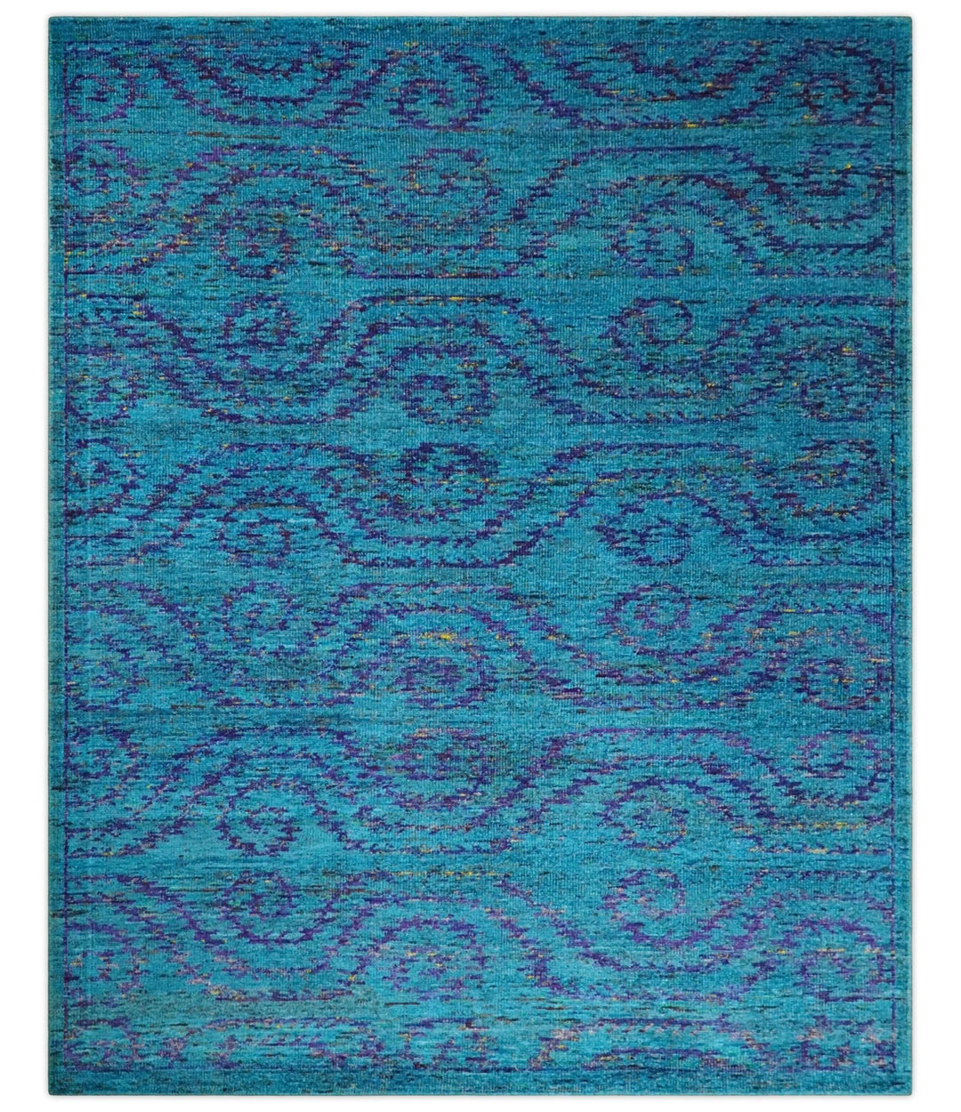8x10 and 9x12 Hand Knotted Teal Blue and Violet Modern Contemporary Southwestern Tribal Trellis Recycled Silk Area Rug | OP10 - The Rug Decor