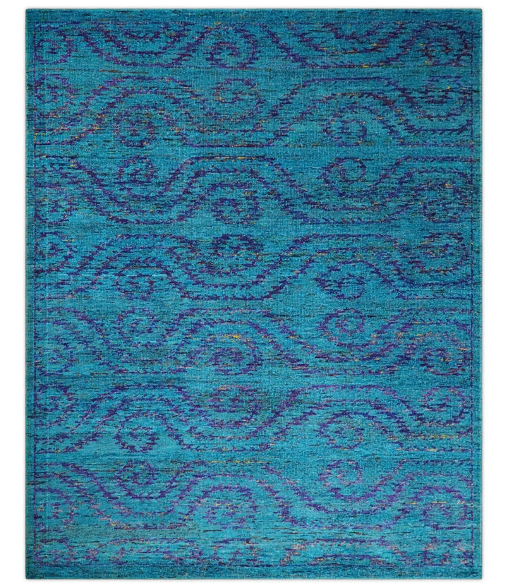 8x10 and 9x12 Hand Knotted Teal Blue and Violet Modern Contemporary Southwestern Tribal Trellis Recycled Silk Area Rug | OP10 - The Rug Decor