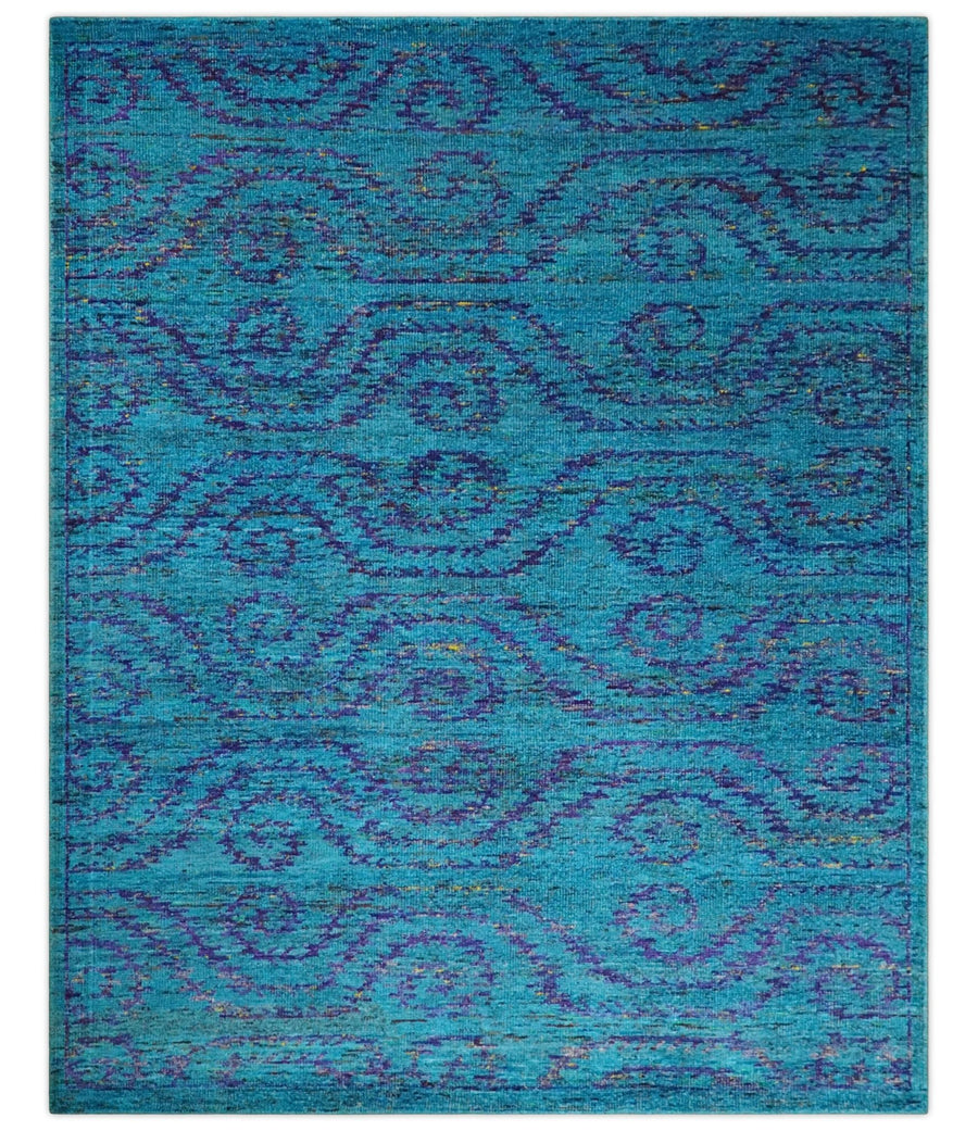 8x10 and 9x12 Hand Knotted Teal Blue and Violet Modern Contemporary Southwestern Tribal Trellis Recycled Silk Area Rug | OP10 - The Rug Decor