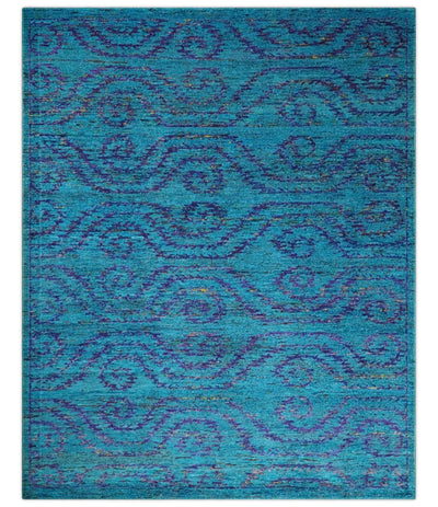 8x10 and 9x12 Hand Knotted Teal Blue and Violet Modern Contemporary Southwestern Tribal Trellis Recycled Silk Area Rug | OP10 - The Rug Decor