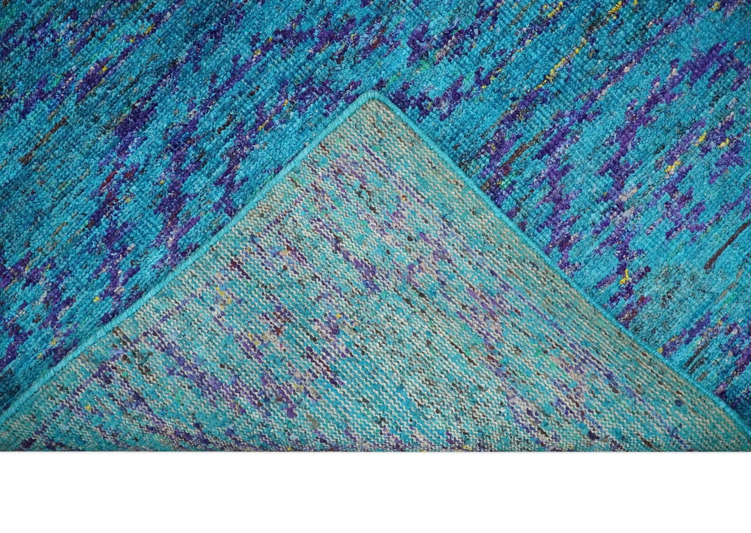8x10 and 9x12 Hand Knotted Teal Blue and Violet Modern Contemporary Southwestern Tribal Trellis Recycled Silk Area Rug | OP10 - The Rug Decor