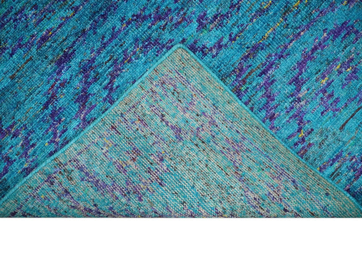 8x10 and 9x12 Hand Knotted Teal Blue and Violet Modern Contemporary Southwestern Tribal Trellis Recycled Silk Area Rug | OP10 - The Rug Decor