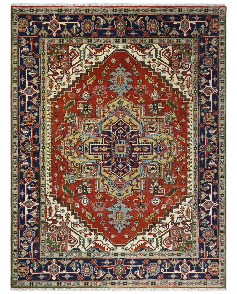 8x10 and 9x12 Rust and Blue Hand Knotted Traditional Antique Persian Design Wool Rug | TRDCP385810 - The Rug Decor