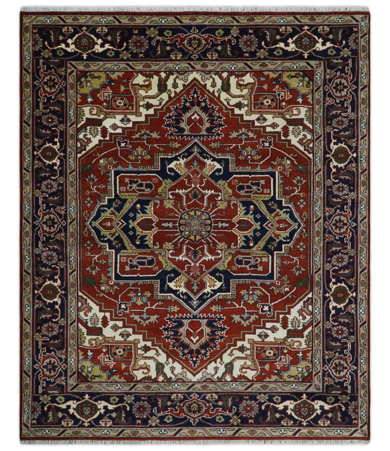 8x10 and 9x12 Traditional Rust, Ivory and Blue Hand knotted wool Area Rug - The Rug Decor