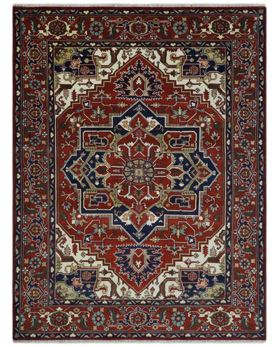 8x10 and 9x12 Traditional Rust, Ivory and Blue Hand knotted wool Area Rug - The Rug Decor