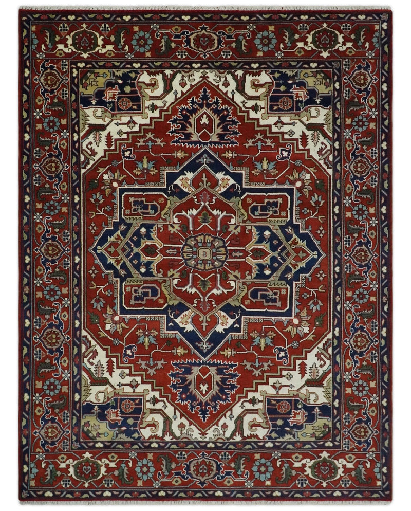 8x10 and 9x12 Traditional Rust, Ivory and Blue Hand knotted wool Area Rug - The Rug Decor