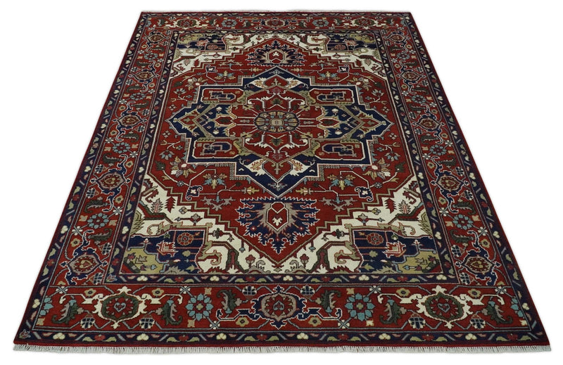 8x10 and 9x12 Traditional Rust, Ivory and Blue Hand knotted wool Area Rug - The Rug Decor