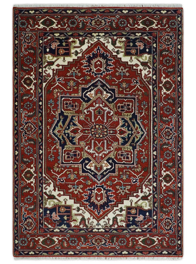 8x10 and 9x12 Traditional Rust, Ivory and Blue Hand knotted wool Area Rug - The Rug Decor