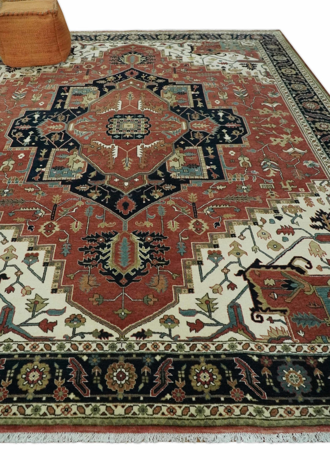 8x10 and 9x12 Wool Hand Knotted Heriz Serapi Black, Rust and Ivory Floral Area Rug | TRDCP1063 - The Rug Decor