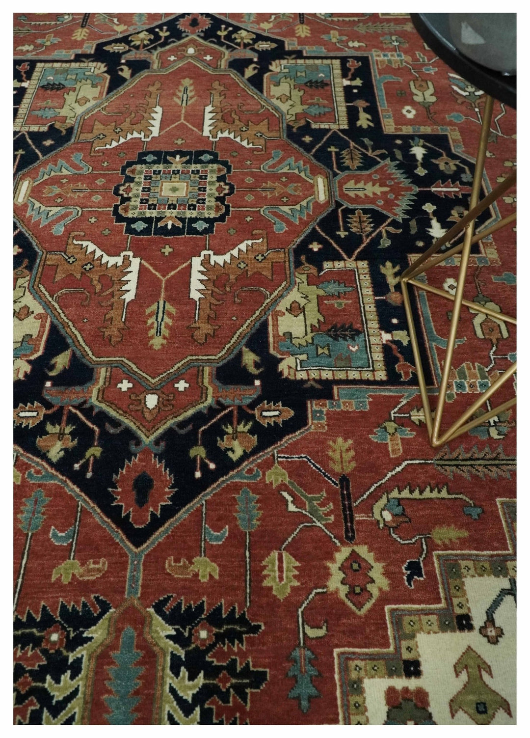 8x10 and 9x12 Wool Hand Knotted Heriz Serapi Black, Rust and Ivory Floral Area Rug | TRDCP1063 - The Rug Decor