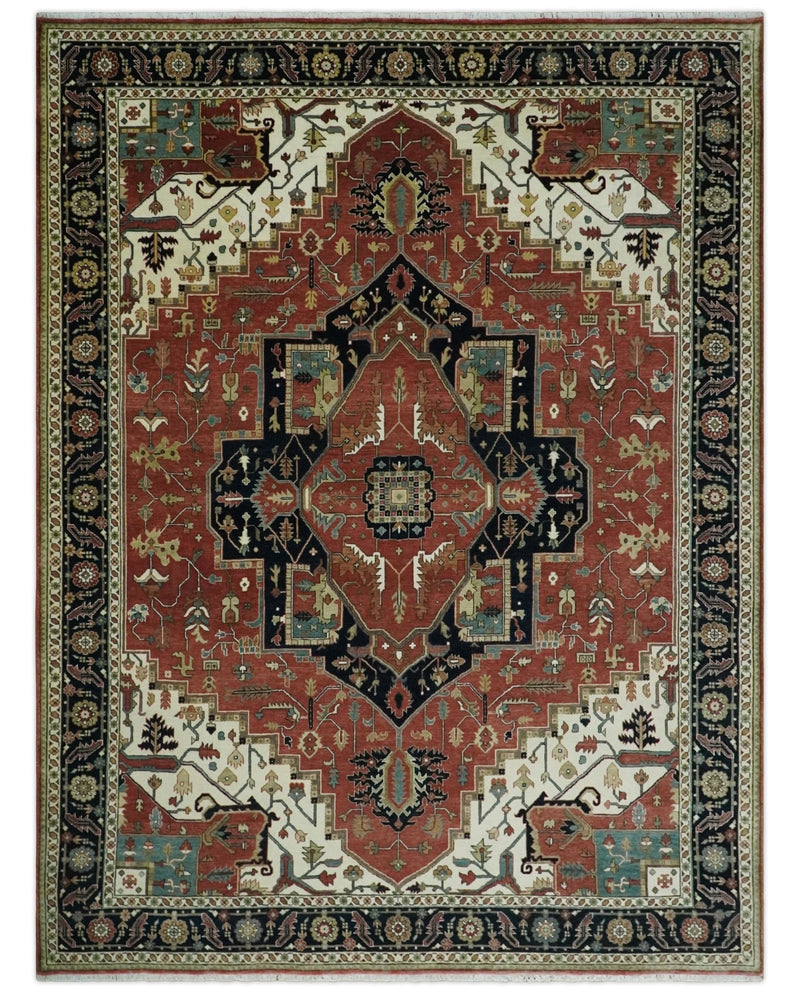 8x10 and 9x12 Wool Hand Knotted Heriz Serapi Black, Rust and Ivory Floral Area Rug | TRDCP1063 - The Rug Decor