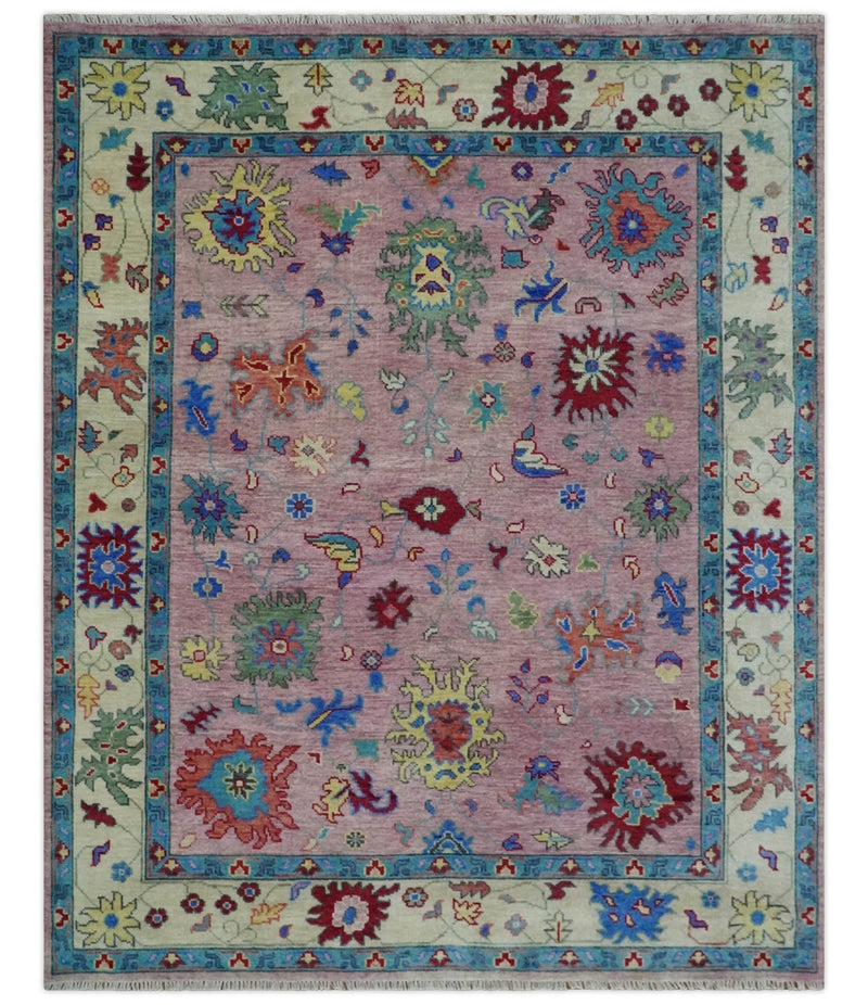 8x10 and 9x12 Wool Traditional Pink, Beige and Blue Vibrant Colorful Hand knotted Oushak Area Rug - The Rug Decor