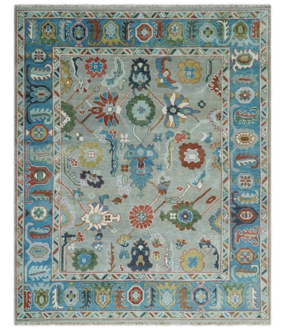8x10 Antique Hand Knotted Gray and Blue Traditional Vintage Persian Oushak Wool Rug | TRDCP1002810 - The Rug Decor