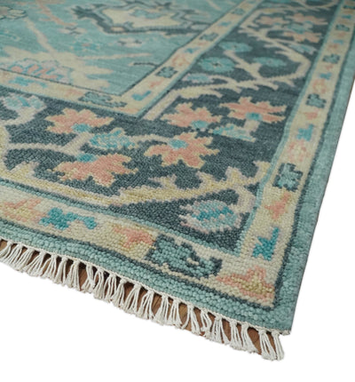 8x10 Antique Hand Knotted Teal, Charcoal and Beige Traditional Vintage Persian Oushak Wool Rug | TRDCP1367810 - The Rug Decor