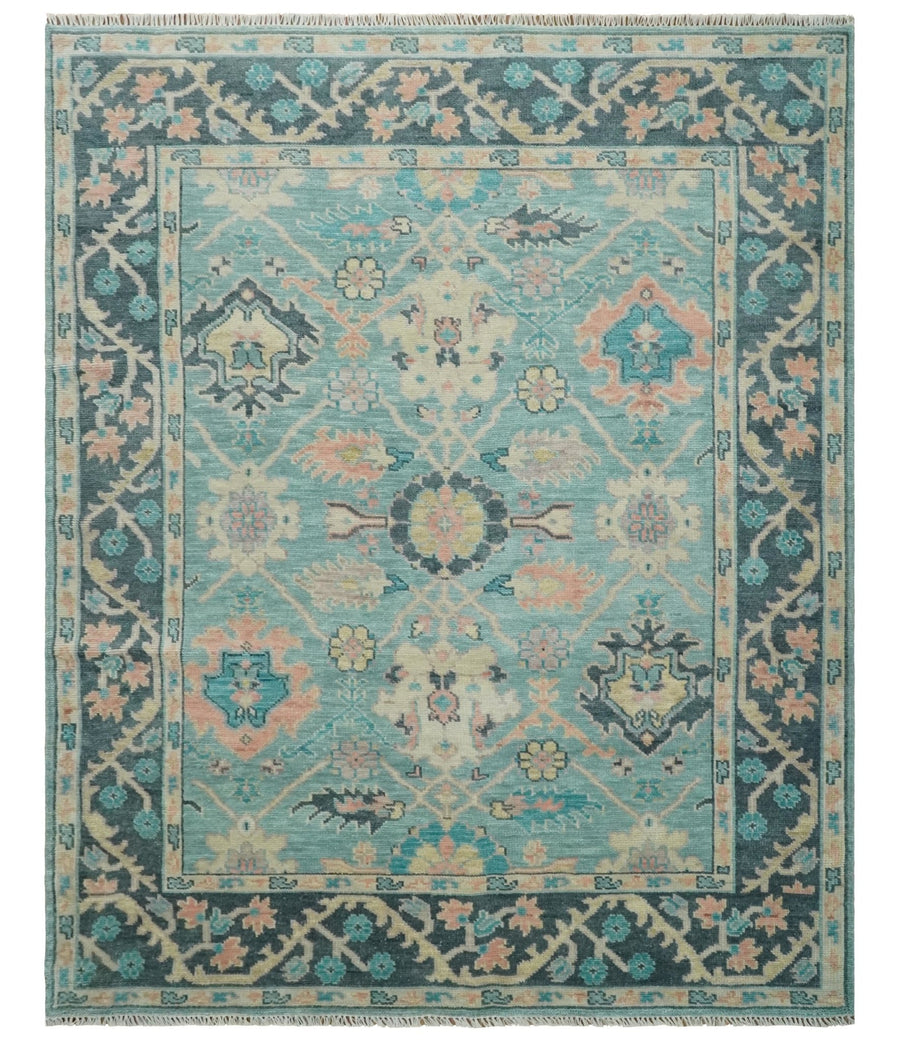 8x10 Antique Hand Knotted Teal, Charcoal and Beige Traditional Vintage Persian Oushak Wool Rug | TRDCP1367810 - The Rug Decor