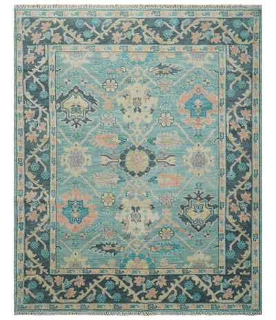 8x10 Antique Hand Knotted Teal, Charcoal and Beige Traditional Vintage Persian Oushak Wool Rug | TRDCP1367810 - The Rug Decor