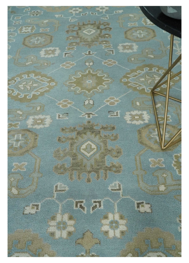 8x10 Aqua, Ivory and Olive Traditional Oushak Hand Knotted Wool Area Rug - The Rug Decor