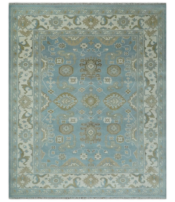 8x10 Aqua, Ivory and Olive Traditional Oushak Hand Knotted Wool Area Rug - The Rug Decor