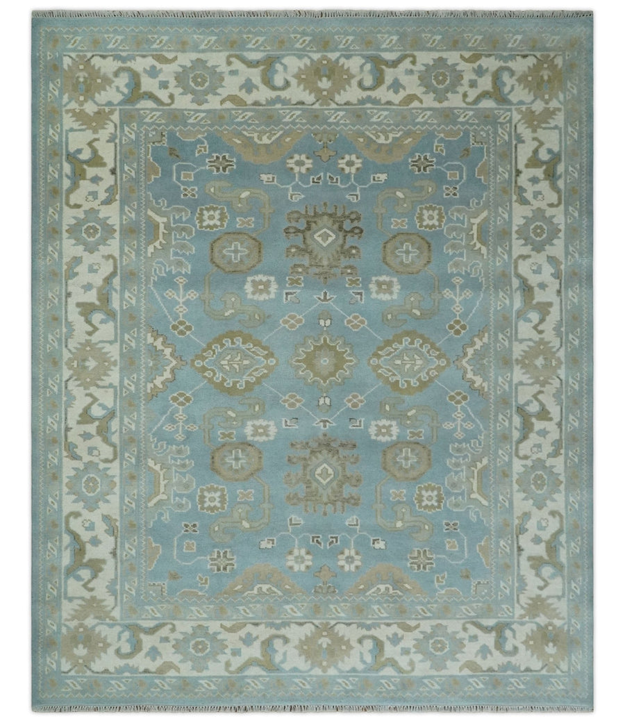 8x10 Aqua, Ivory and Olive Traditional Oushak Hand Knotted Wool Area Rug - The Rug Decor