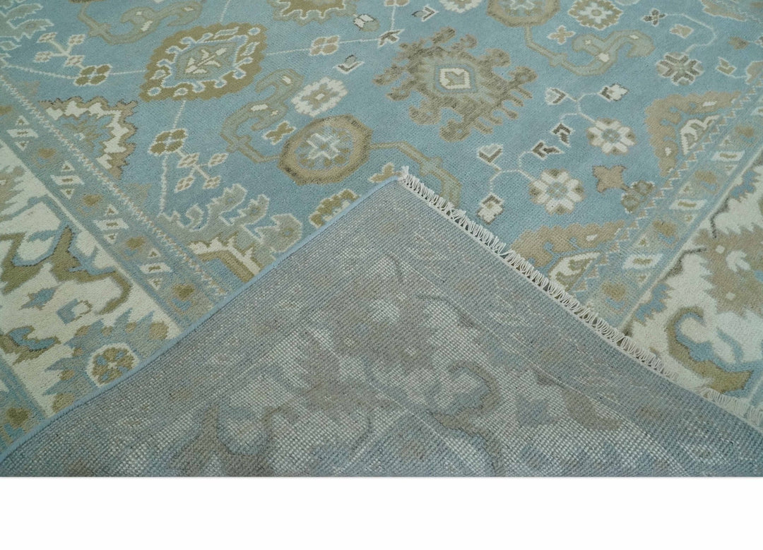 8x10 Aqua, Ivory and Olive Traditional Oushak Hand Knotted Wool Area Rug - The Rug Decor
