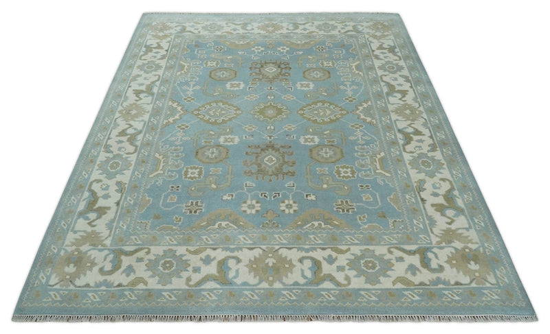 8x10 Aqua, Ivory and Olive Traditional Oushak Hand Knotted Wool Area Rug - The Rug Decor