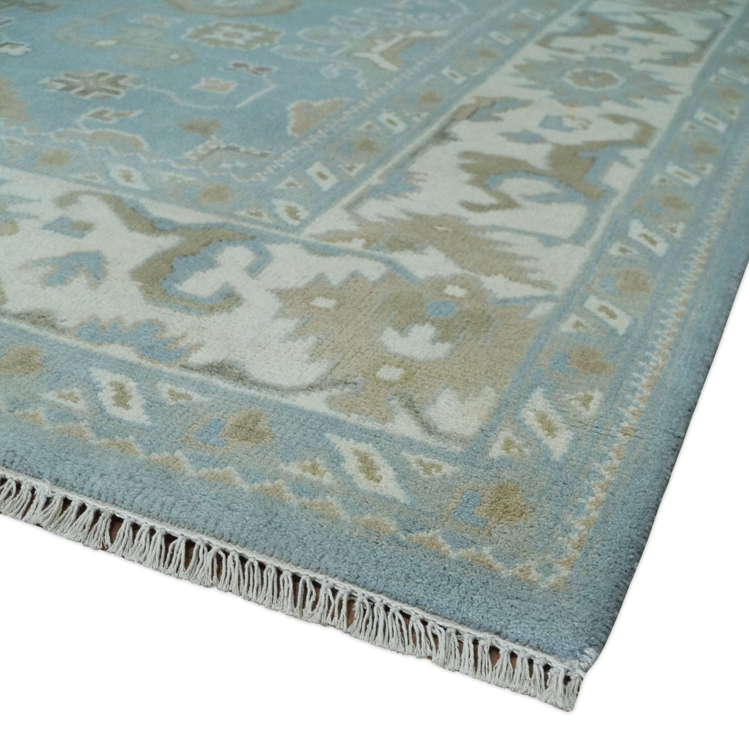 8x10 Aqua, Ivory and Olive Traditional Oushak Hand Knotted Wool Area Rug - The Rug Decor