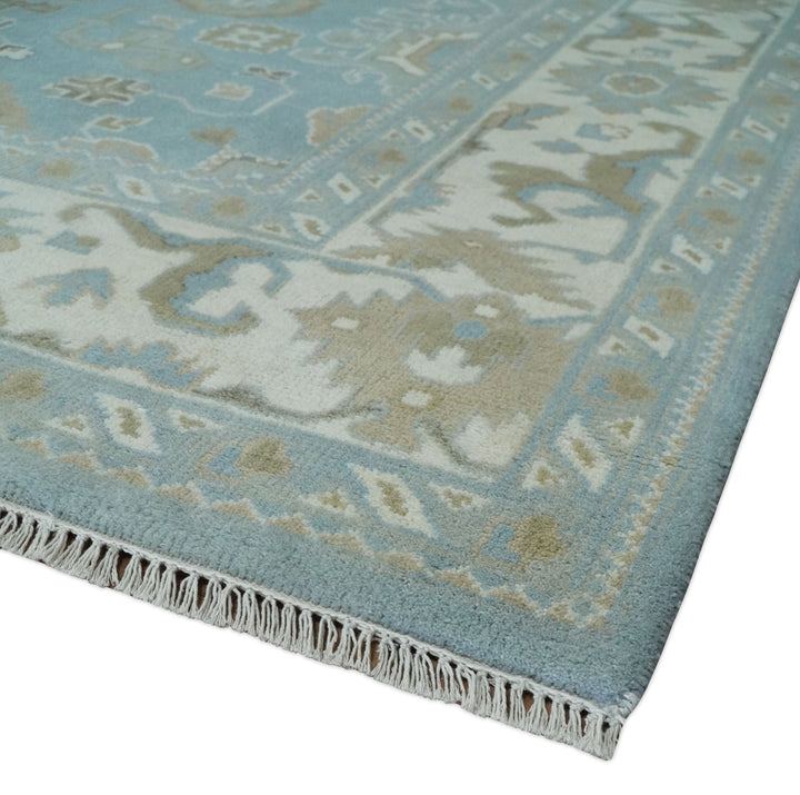 8x10 Aqua, Ivory and Olive Traditional Oushak Hand Knotted Wool Area Rug - The Rug Decor