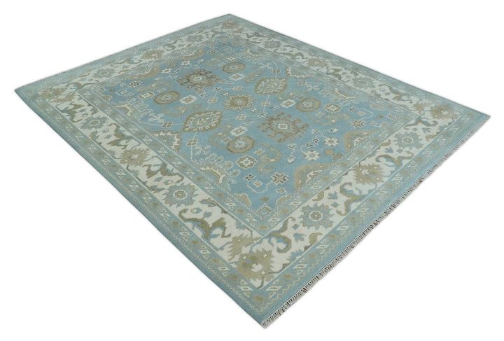 8x10 Aqua, Ivory and Olive Traditional Oushak Hand Knotted Wool Area Rug - The Rug Decor