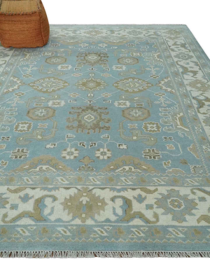 8x10 Aqua, Ivory and Olive Traditional Oushak Hand Knotted Wool Area Rug - The Rug Decor