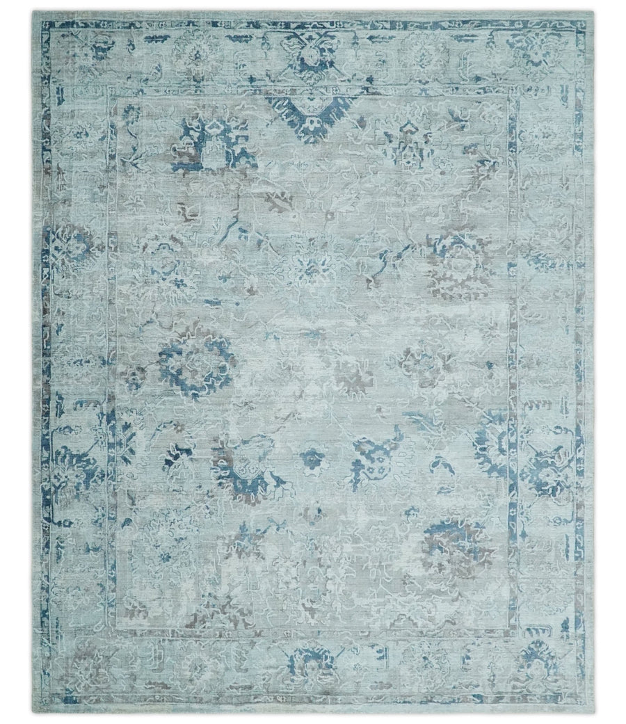 8x10 Aqua, Ivory and Silver Traditional Handmade Wool Area Rug - The Rug Decor