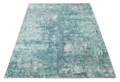 8x10 Aqua, Silver and Ivory Modern Abstract Hand Loomed Blended wool and Art silk Area Rug - The Rug Decor
