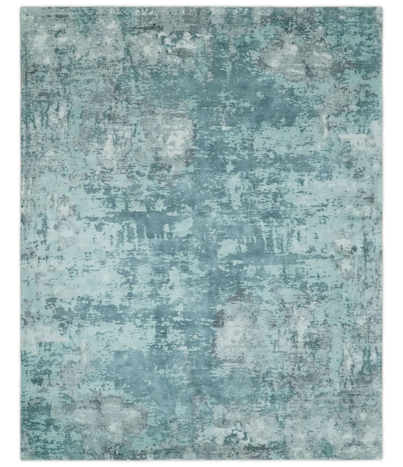 8x10 Aqua, Silver and Ivory Modern Abstract Hand Loomed Blended wool and Art silk Area Rug - The Rug Decor