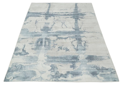 8x10 Beige and Gray Modern Abstract Handmade Fine Art Silk Area Rug | AE31810 - The Rug Decor