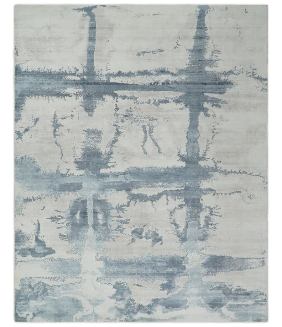 8x10 Beige and Gray Modern Abstract Handmade Fine Art Silk Area Rug | AE31810 - The Rug Decor
