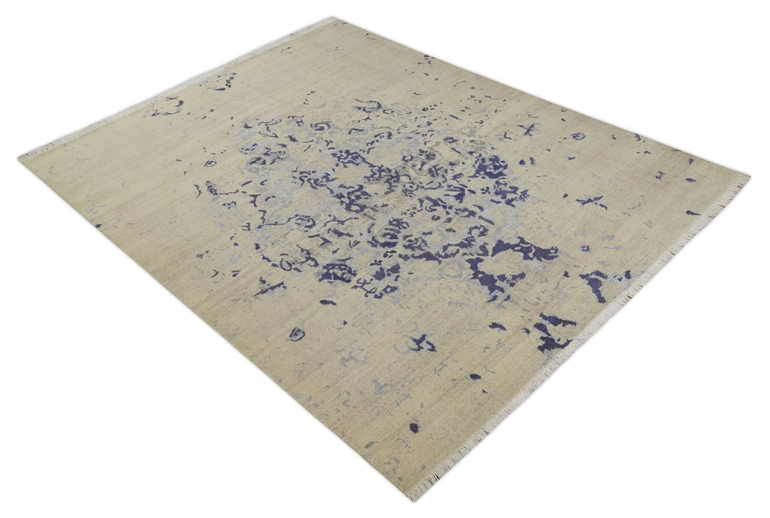 8x10 Beige, Blue and Silver Antique Style, Abstract Hand Knotted Low pile Wool Area Rug - The Rug Decor