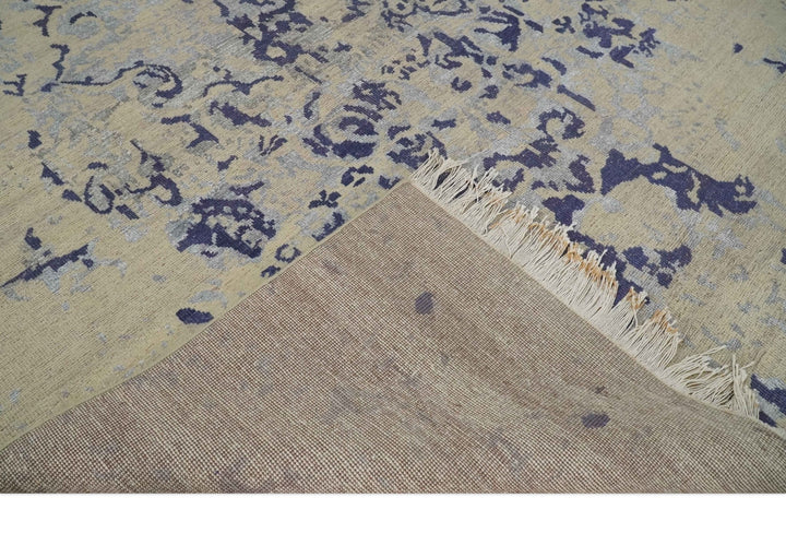 8x10 Beige, Blue and Silver Antique Style, Abstract Hand Knotted Low pile Wool Area Rug - The Rug Decor