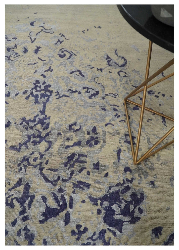 8x10 Beige, Blue and Silver Antique Style, Abstract Hand Knotted Low pile Wool Area Rug - The Rug Decor