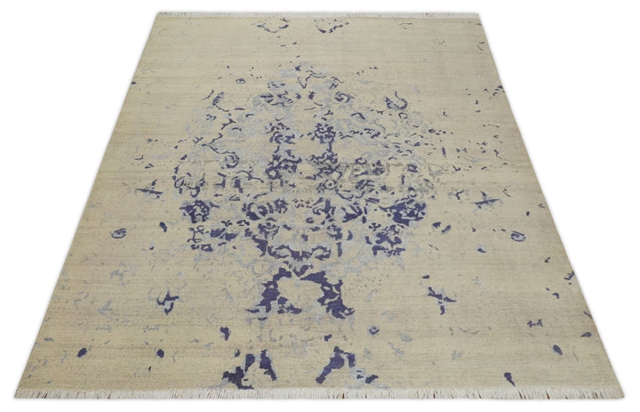 8x10 Beige, Blue and Silver Antique Style, Abstract Hand Knotted Low pile Wool Area Rug - The Rug Decor