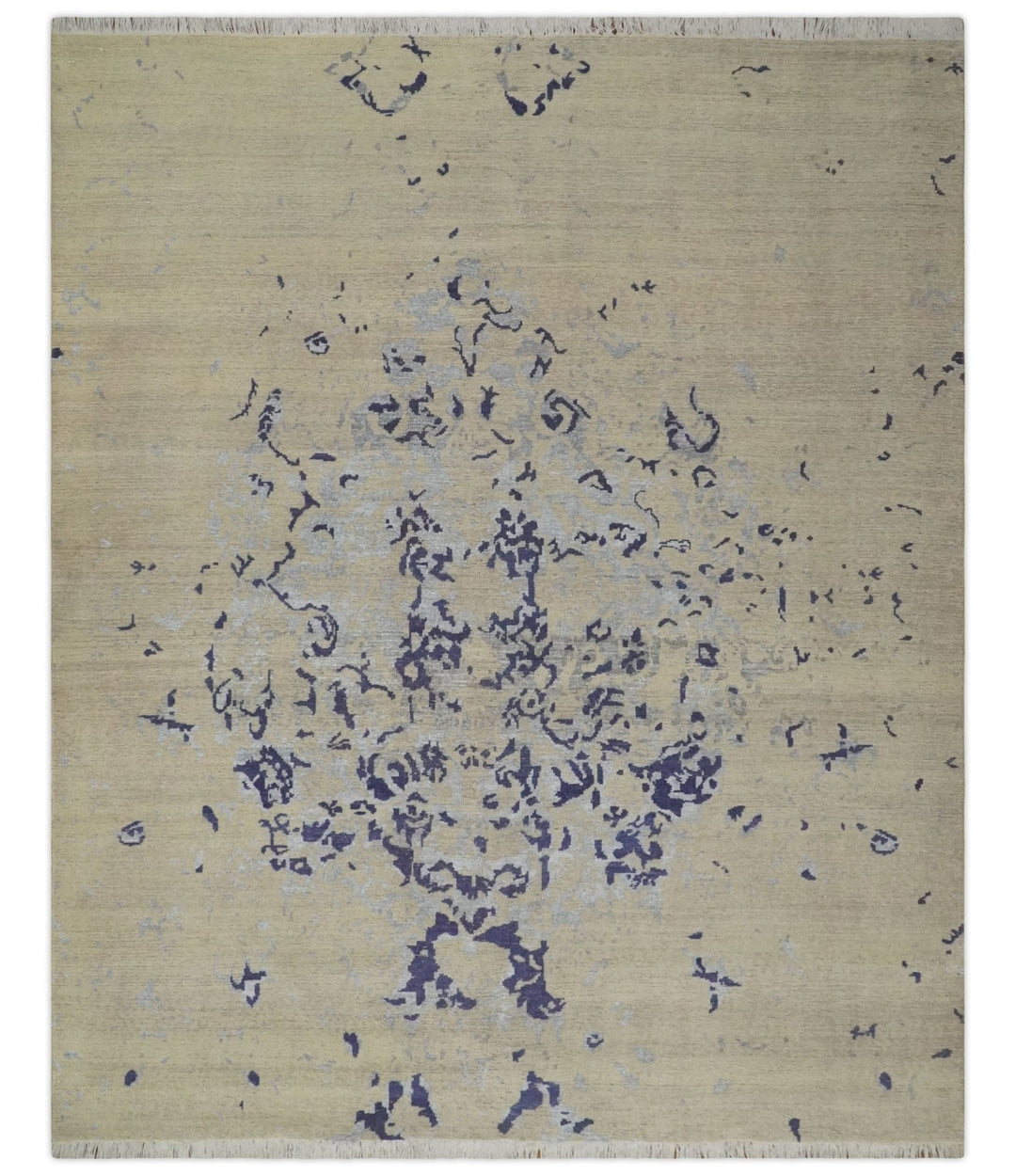 8x10 Beige, Blue and Silver Antique Style, Abstract Hand Knotted Low pile Wool Area Rug - The Rug Decor