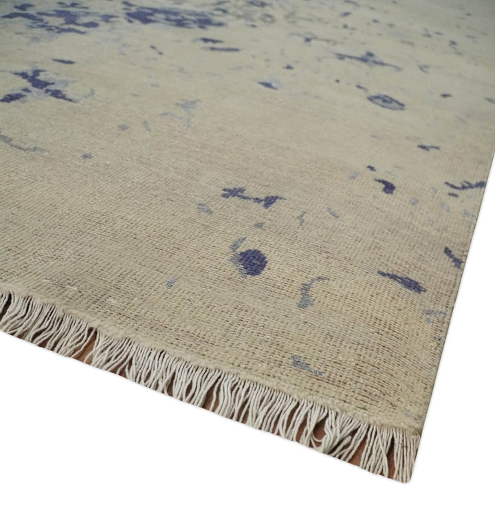 8x10 Beige, Blue and Silver Antique Style, Abstract Hand Knotted Low pile Wool Area Rug - The Rug Decor