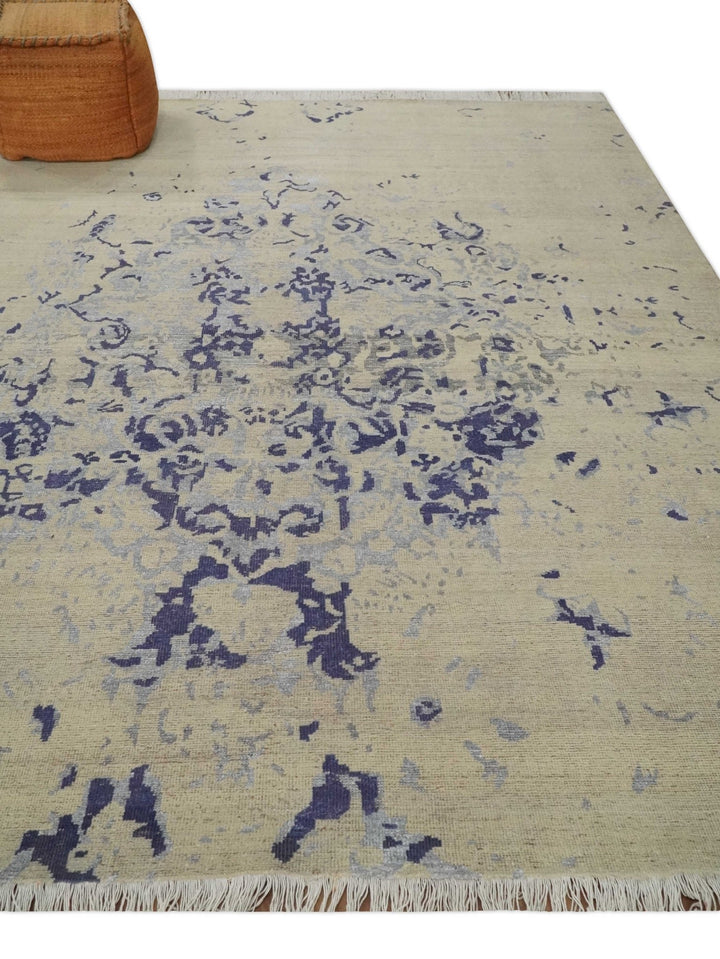 8x10 Beige, Blue and Silver Antique Style, Abstract Hand Knotted Low pile Wool Area Rug - The Rug Decor
