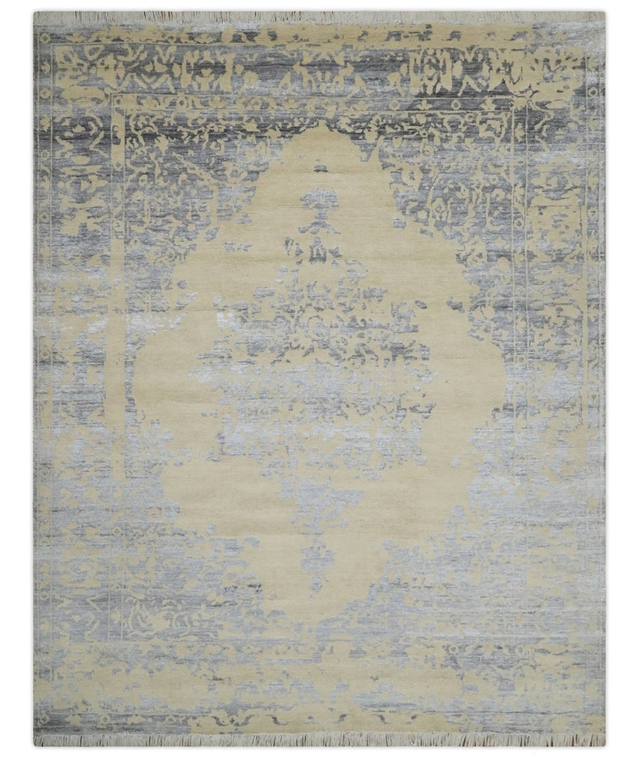 8x10 Beige, Charcoal and Silver Traditional Medallion Hand Knotted Wool and Bamboo Silk Area Rug - The Rug Decor