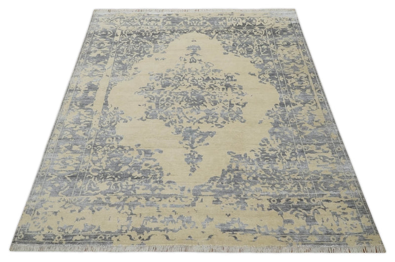 8x10 Beige, Charcoal and Silver Traditional Medallion Hand Knotted Wool and Bamboo Silk Area Rug - The Rug Decor